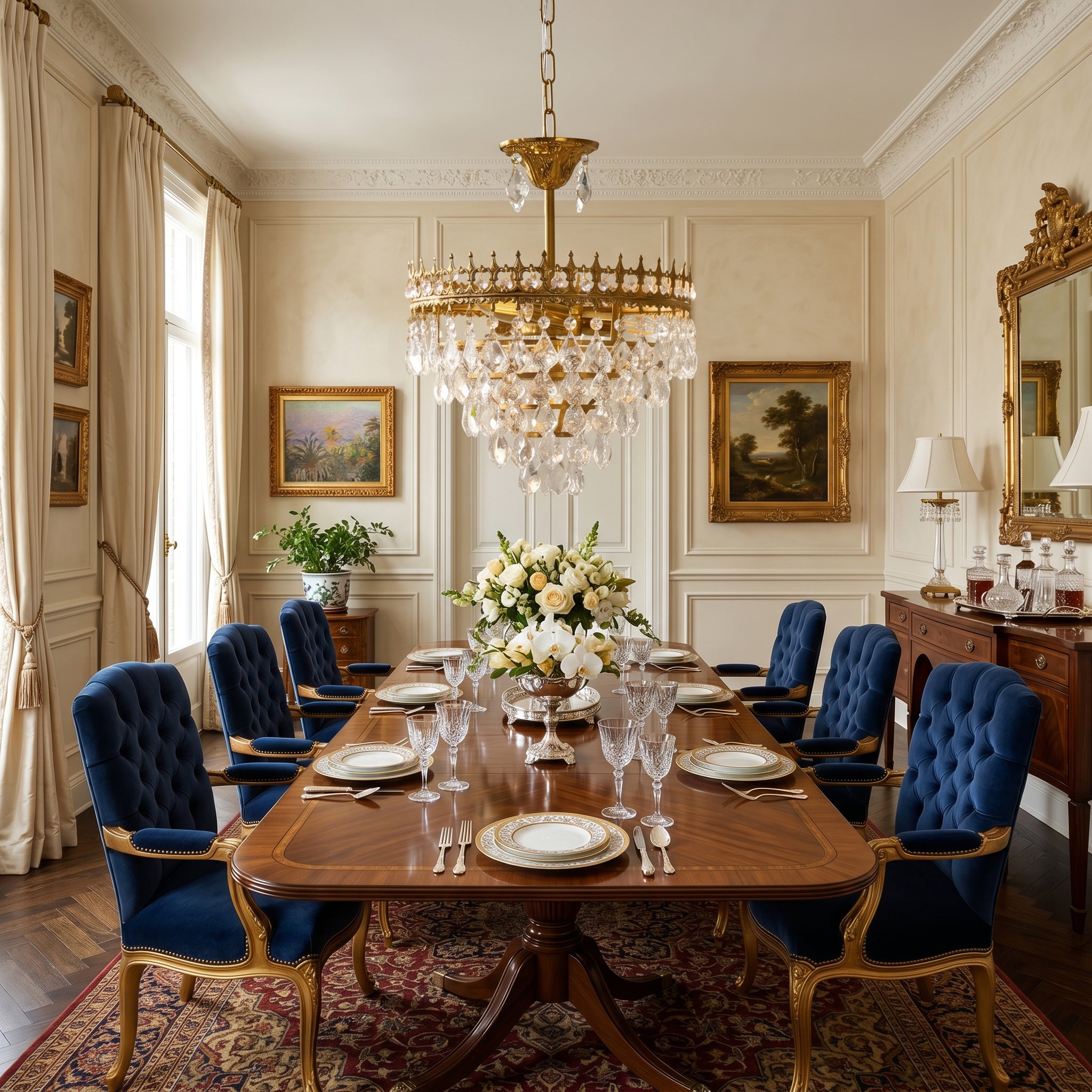 Marilyn Crystal Chandelier with a brass crown and cascading crystals above a formal dining table