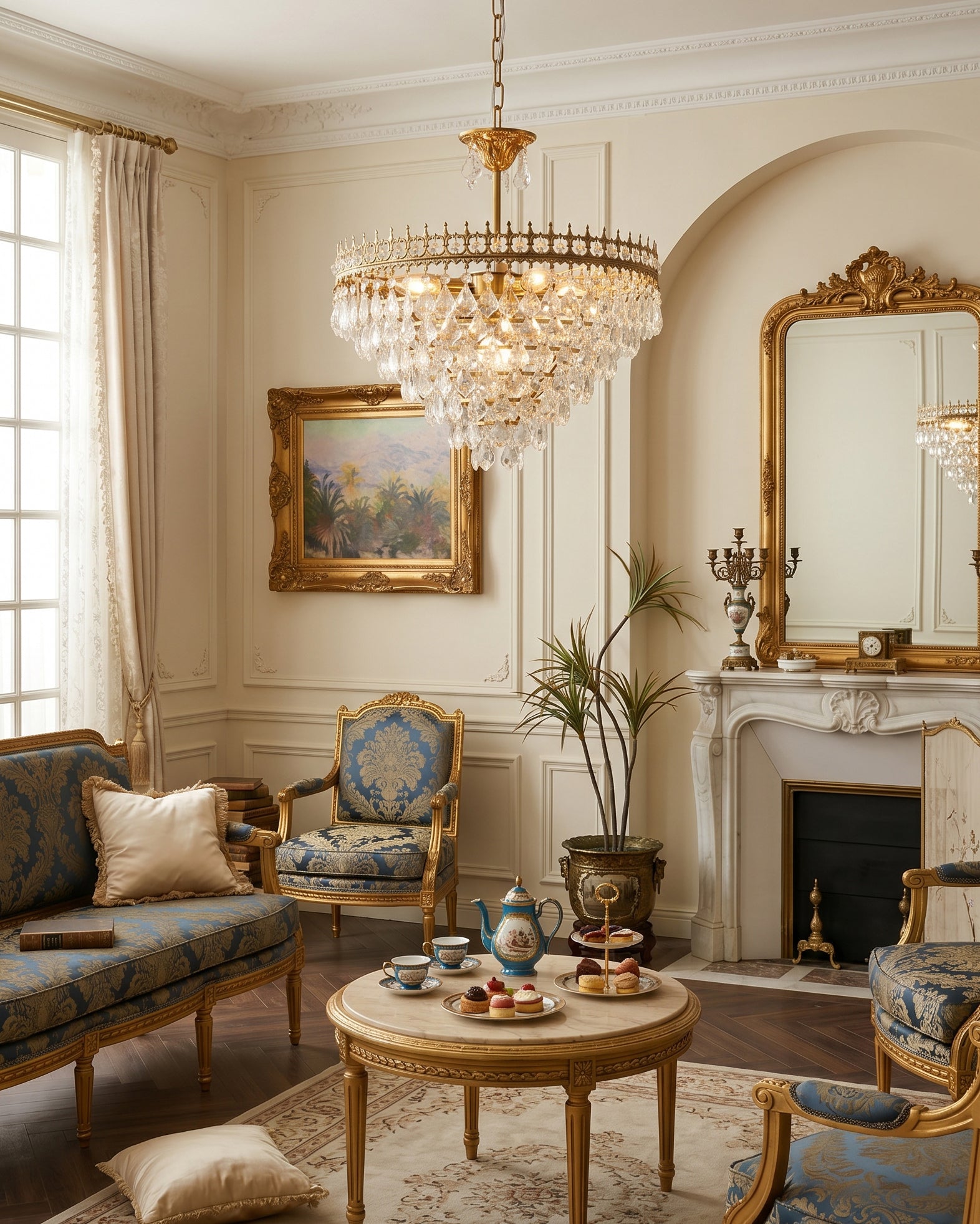 Marilyn Crystal Chandelier with a gilded crown and cascading crystal drops in a classic French salon