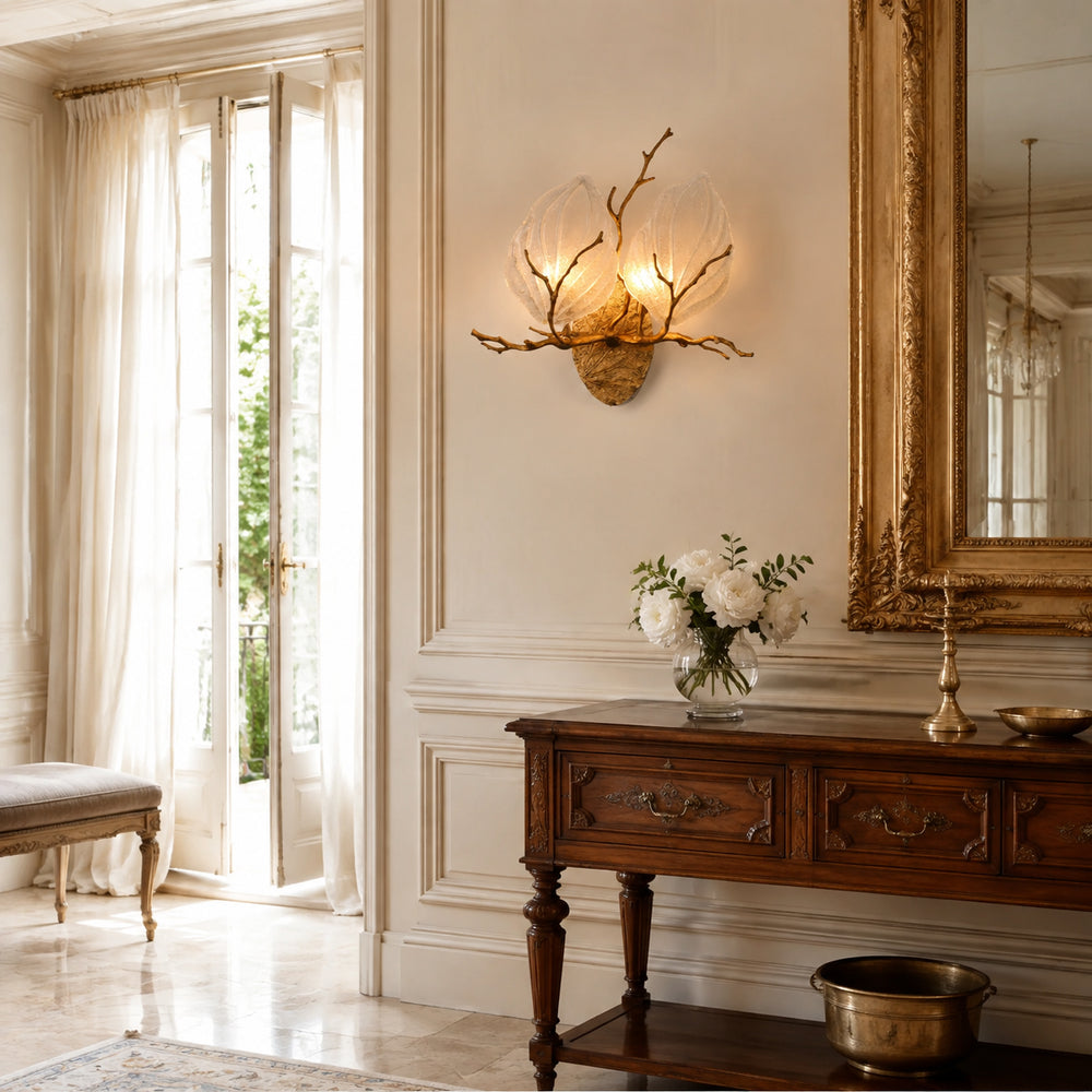 Magnolia Leaf Branch Brass Sconce – detail 2