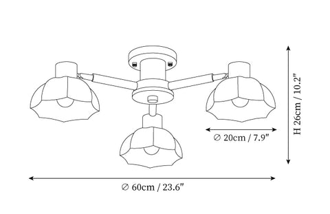 3 heads: ∅ 23.6″ x H 10.2″ / Dia 60cm x H 26cm