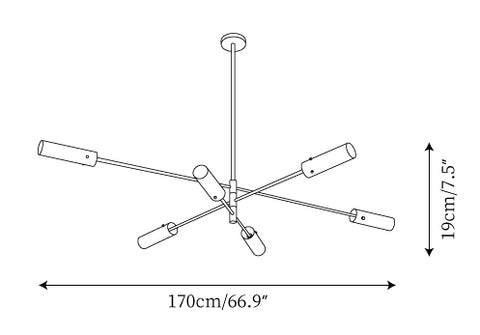 6 heads L 66.9″ x W 45.3″ x H 7.5″